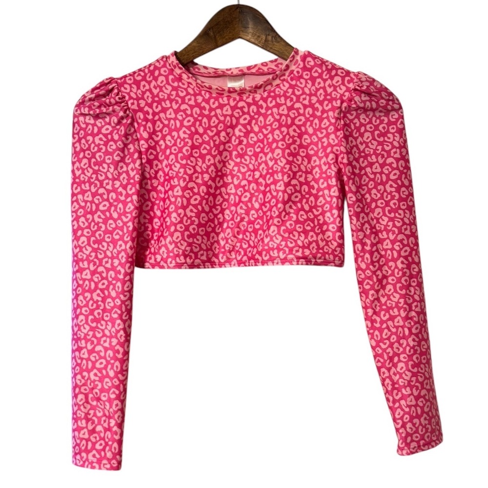Cat & Jack Rash Guard Kids XL 14 Pink Excellent Leopard Puff Sleeve Swim Top